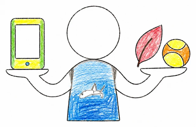 The Screen Balance Program logo: a hand-drawn figure holding a tablet on one hand and a leaf and a ball on the other